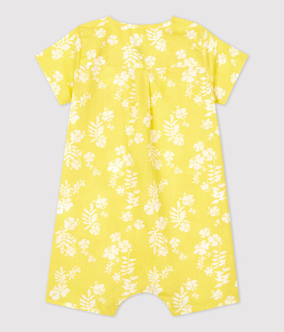 Kurzer Baby-Overall aus Bio-Popeline mit Hawaiimuster gelb ORGE/weiss MARSHMALLOW