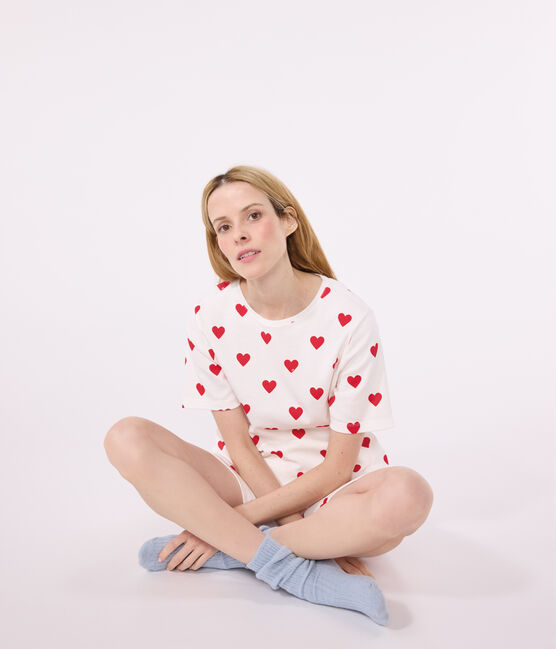 Kurz-Pyjama aus Baumwolle für Damen weiss MARSHMALLOW/rot TERKUIT