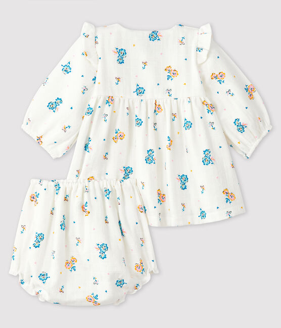 Langärmeliges Blumenkleid mit Unterhose aus Windelstoff für Mädchen weiss MARSHMALLOW/weiss MULTICO