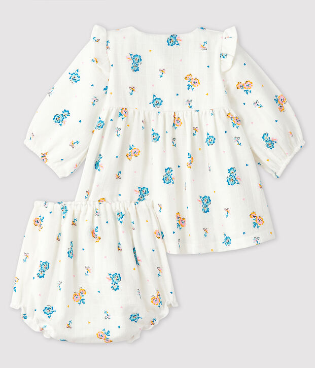 Lang&auml;rmeliges Blumenkleid mit Unterhose aus Windelstoff f&uuml;r M&auml;dchen weiss/vielfarbig