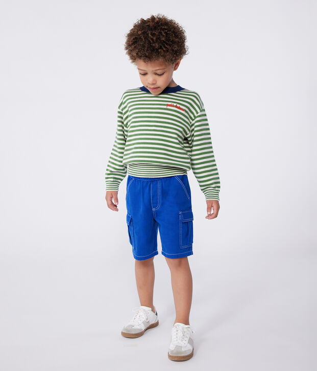 Kinder-Pullover aus Baumwolle mit Streifen gr&uuml;n/naturfarben