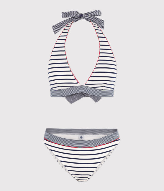 Damen-Bikini mit Streifen weiss MARSHMALLOW/blau MEDIEVAL