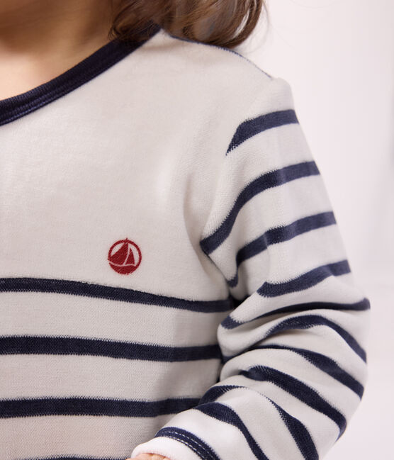Gestreifter Baby-Pyjama aus Samt weiss MARSHMALLOW/blau SMOKING