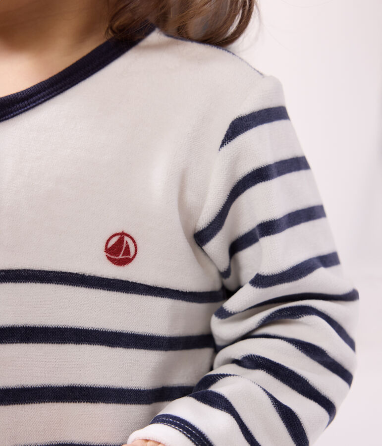 Gestreifter Baby-Pyjama aus Samt weiss/blau