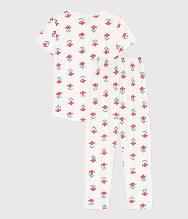 Kurz&auml;rmeliger Kinderpyjama aus Baumwolle mit Blumenmotiv f&uuml;r M&auml;dchen weiss/vielfarbig
