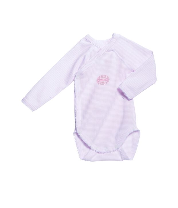 Wickelbody f&uuml;r M&auml;dchen, Langarm, geringelt rosa/weiss