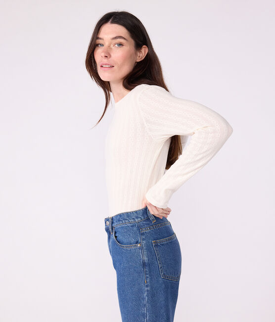 Langärmeliges Damen-T-Shirt L’Iconique aus Baumwolle mit Lochstickerei naturfarben MILK