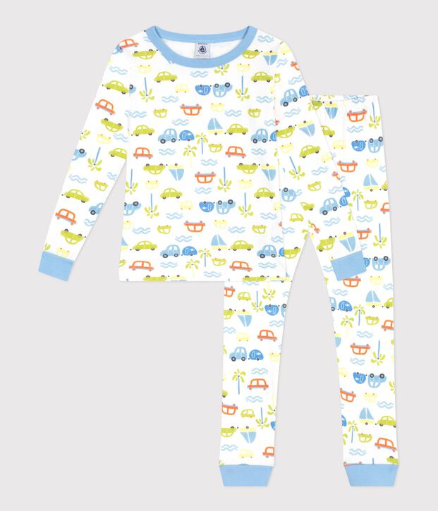 Eng anliegender Kinder-Pyjama aus Baumwolle mit Automotiv weiss/vielfarbig