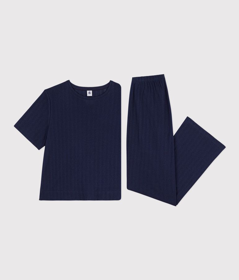 Kurz&auml;rmeliger Damen-Pyjama aus Baumwolle mit Lochstickerei blau