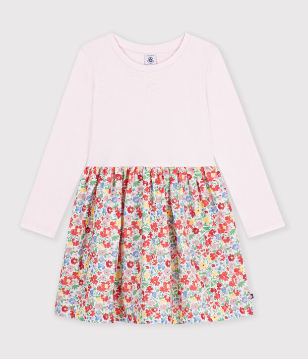 Lang&auml;rmeliges Kinder-Kleid aus Baumwolle mit Blumenmuster weiss/vielfarbig