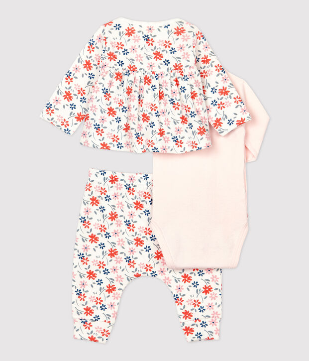 Dreiteiliges Baby-Set aus Bio-Baumwolle mit Blumenmuster f&uuml;r M&auml;dchen weiss/vielfarbig