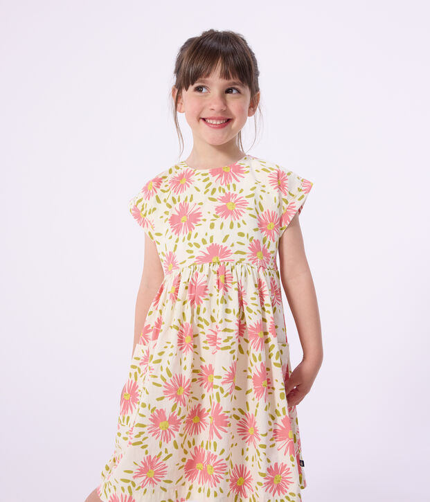 Kurz&auml;rmeliges Kinder-Kleid aus Baumwolle mit Blumenmuster weiss/vielfarbig