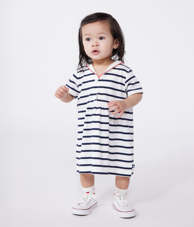 Kurz&auml;rmeliges Baby-Kleid aus Baumwolle mit Marinestreifen und Matrosenkragen weiss/blau