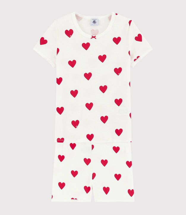 Kinder- Shorts Pyjama aus Baumwolle mit Herzmuster weiss/rot
