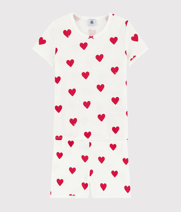 Kinder-Kurzpyjama aus Baumwolle mit Herzmotiv f&uuml;r M&auml;dchen weiss/rot