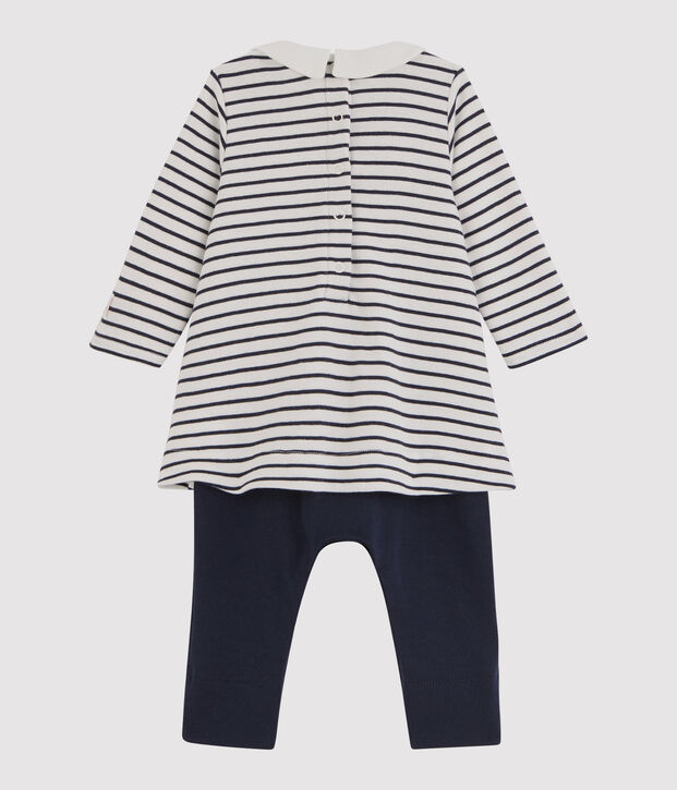 Baby-M&auml;dchen-Einteiler bestehend aus Kleid und Leggings weiss/blau