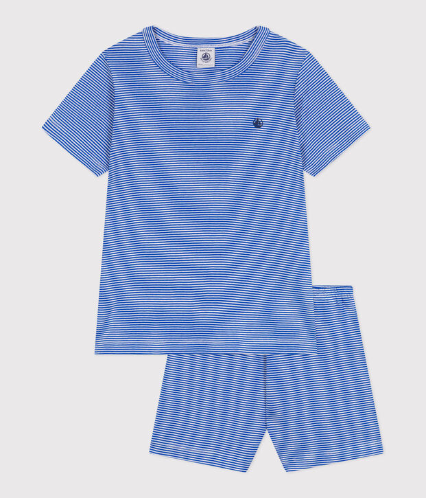 Kinder-Kurzpyjama aus Baumwolle mit Streifen blau/weiss