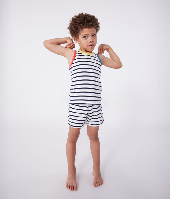 Kinder-Kurzpyjama aus Baumwolle mit gestreiftem Tanktop weiss MARSHMALLOW/blau SMOKING