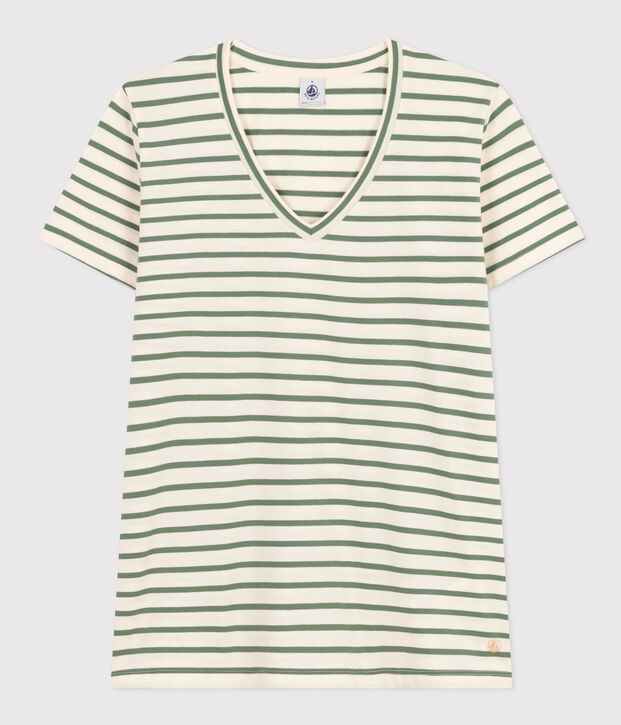 Gestreiftes Damen-T-Shirt Le Droit mit V-Ausschnitt aus Baumwolle naturfarben/gr&uuml;n