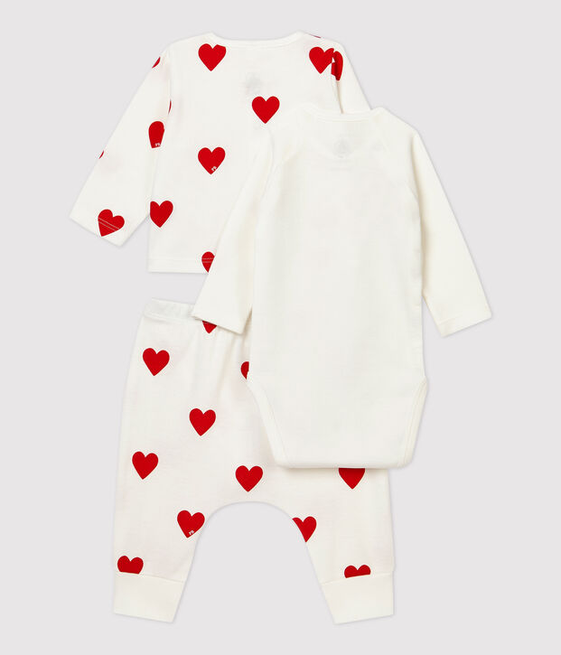 Dreiteiliges Baby-Set aus Bio-Baumwolle mit rotem Herzmuster weiss/rot