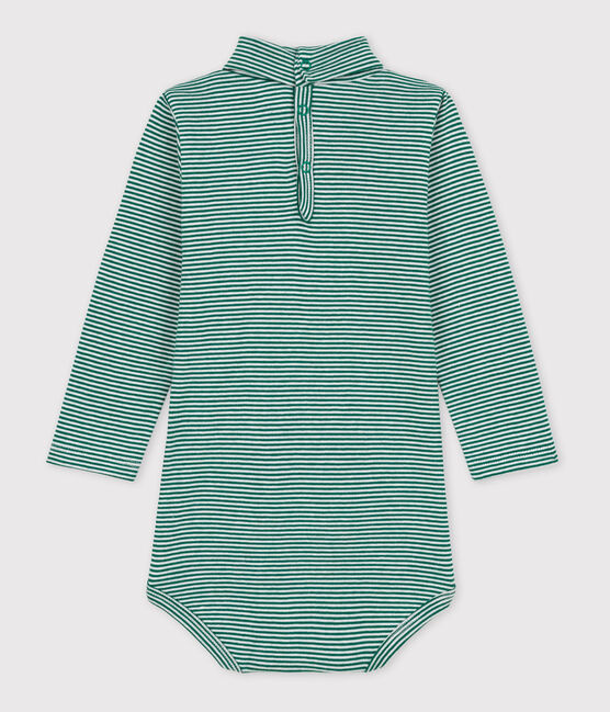 Langärmeliger gestreifter Baby-Body aus Baumwolle mit Rollkragen EVERGREEN/ MARSHMALLOW