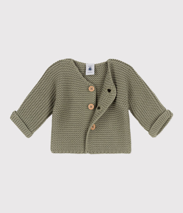 Baby-Cardigan kraus rechts gestrickt aus Baumwolle gr&uuml;n
