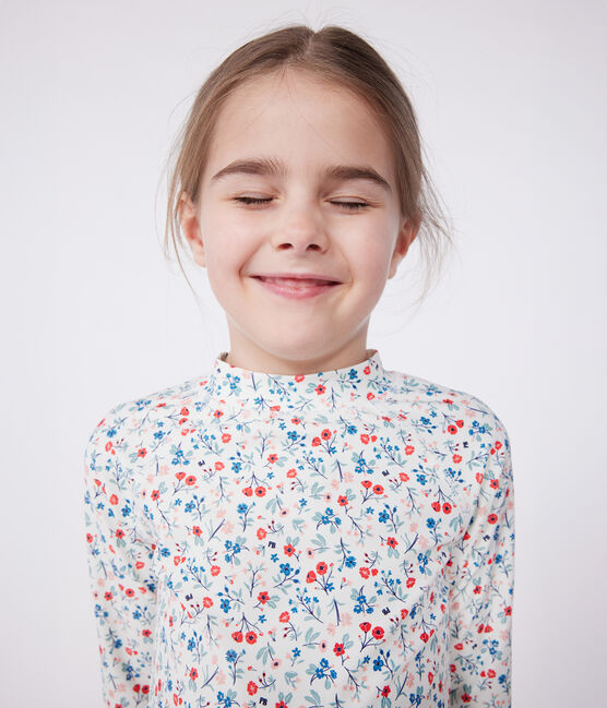 Langärmeliges Kinder Bade-T-Shirt mit UV-Schutz und Blumenmuster weiss MARSHMALLOW/weiss MULTICO