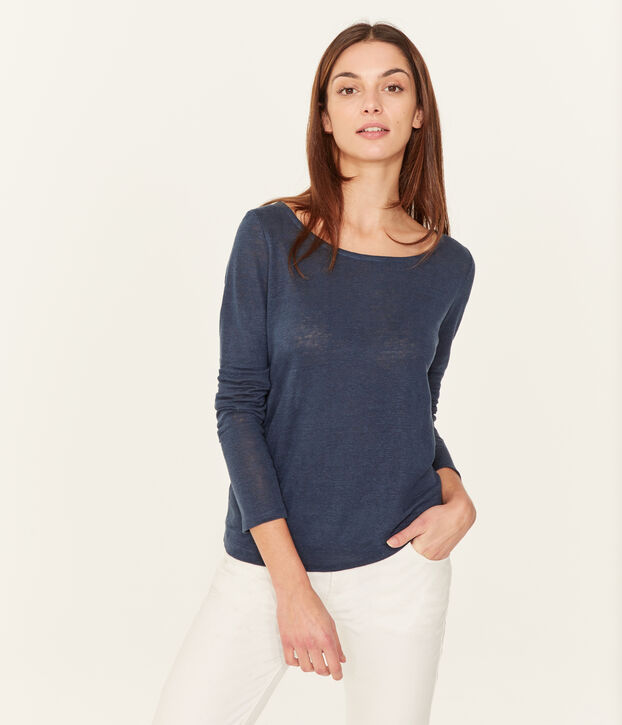 Langarm-leinen-t-shirt damen blau