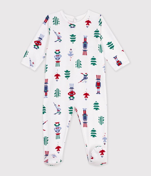 Strampler aus Molton mit &Ouml;ffnung am R&uuml;cken und Weihnachtsmotiv weiss/vielfarbig