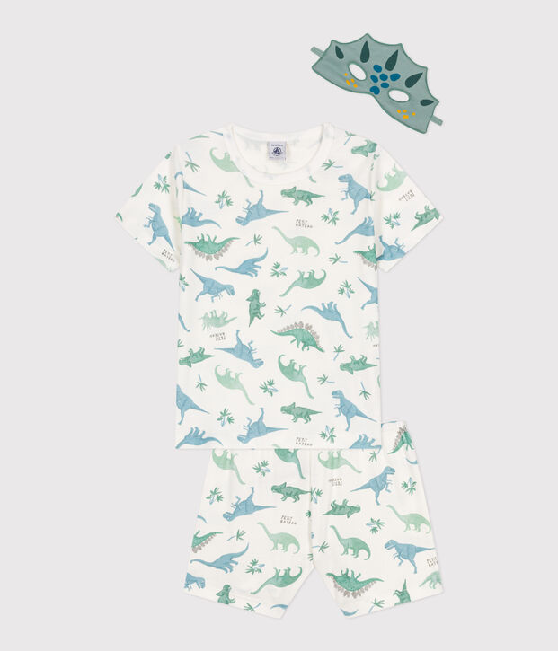 Kinder-Kurzpyjama zum Verkleiden aus Baumwolle mit Dinos weiss/vielfarbig