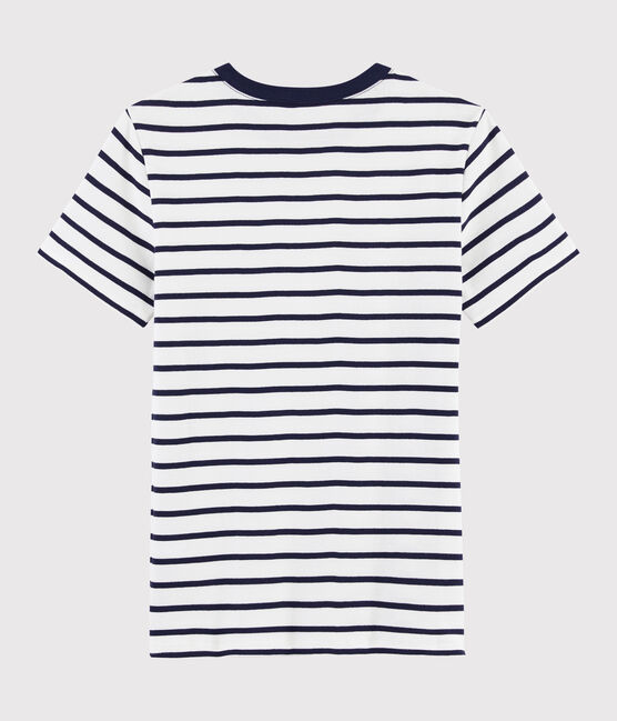 Klassisches Damen-T-Shirt mit Rundhalsausschnitt aus gestreifter Baumwolle weiss MARSHMALLOW/blau SMOKING