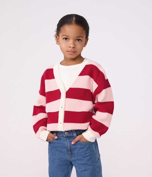 Kinder-Cardigan aus Baumwolle und Wolle mit Streifen rosa/rosa