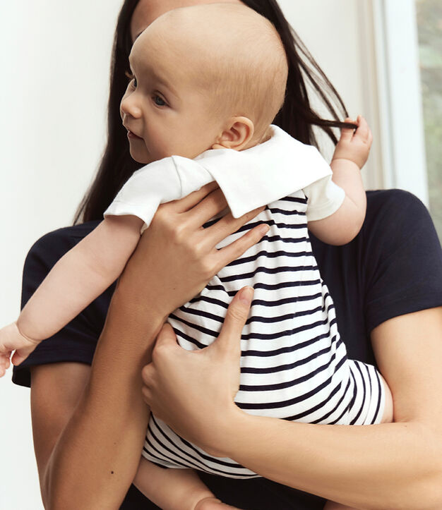 Baby-Kurzoverall mit Matrosenkragen aus gestreifter Baumwolle blau/blau