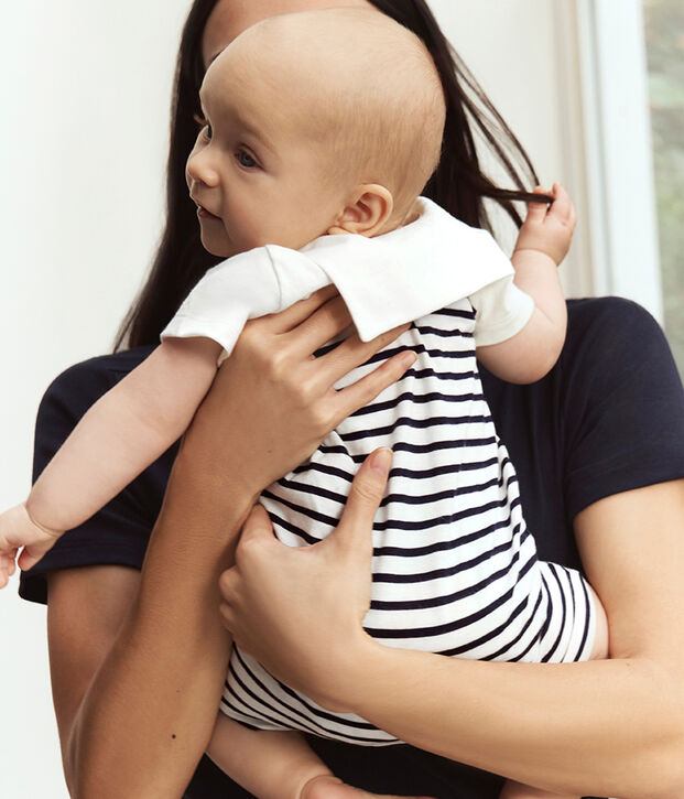 Baby-Kurzoverall mit Matrosenkragen aus gestreifter Baumwolle blau/blau