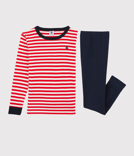 Kinderpyjama Bio-Baumwolle in schmaler Passform mit roten Streifen für Jungen rot PEPS/weiss MULTICO