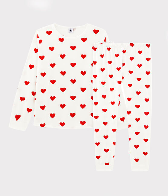 Kinderpyjama aus Molton mit Herzchenmotiv weiss MARSHMALLOW/rot TERKUIT
