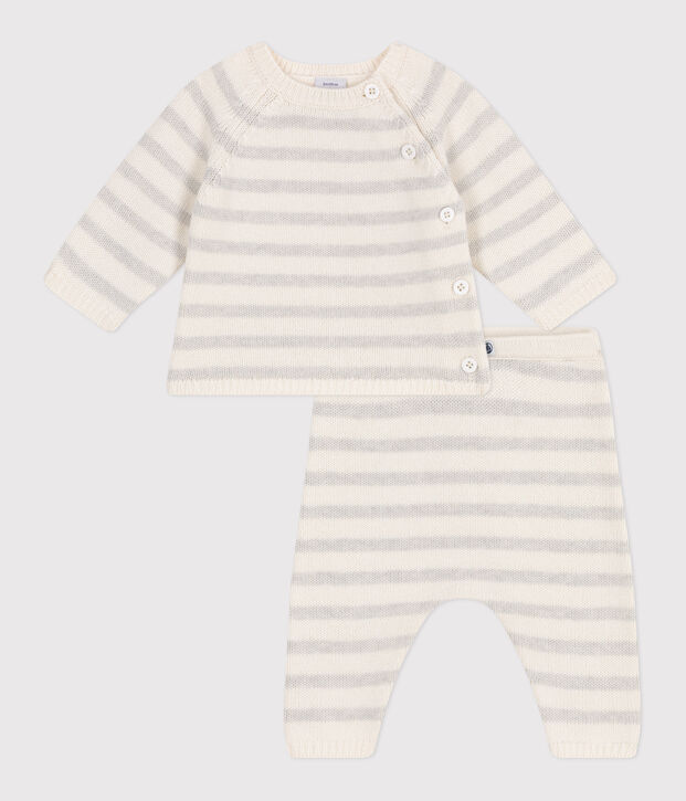 2-teiliges Baby-Set aus Woll- und Baumwoll-Strick weiss/beige