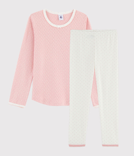 Kinderpyjama aus Rippstrick mit Lochmuster für Mädchen weiss MARSHMALLOW/rosa CHARME