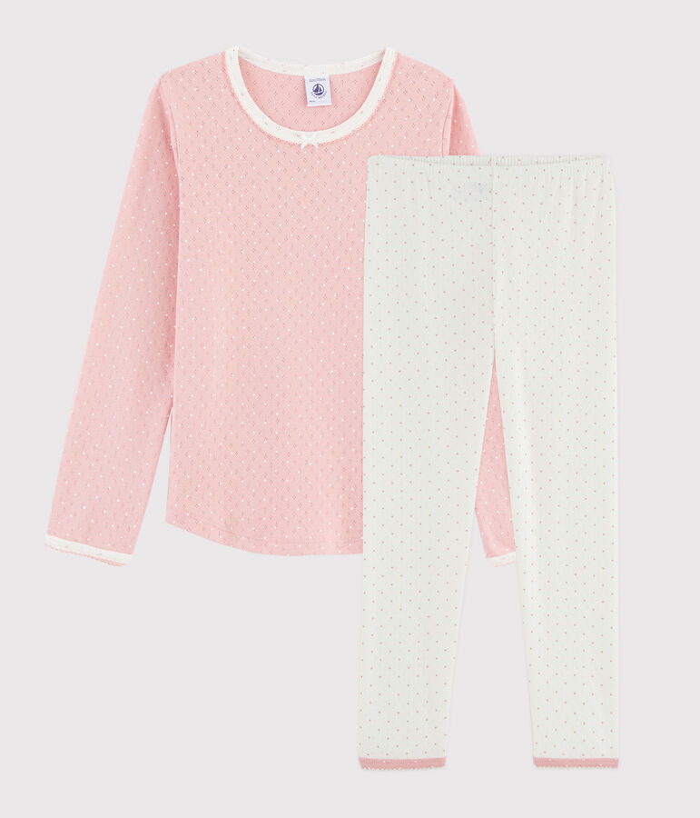 Kinderpyjama aus Rippstrick mit Lochmuster f&uuml;r M&auml;dchen weiss MARSHMALLOW/rosa CHARME