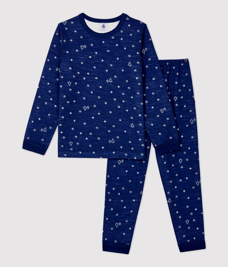 Kinderpyjama im Jacquard-Stil aus Wolle/Baumwolle mit Schneeflockenmotiv blau/weiss