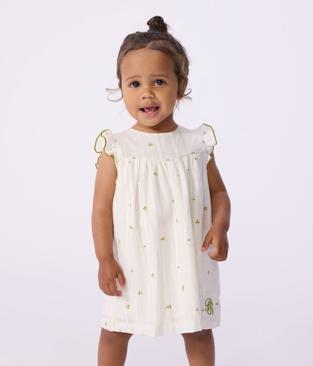 &Auml;rmelloses Baby-Kleid aus Baumwolle mit Blumenmuster weiss/gr&uuml;n