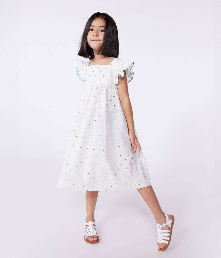 &Auml;rmelloses Kinder-Kleid aus Baumwolle mit P&uuml;nktchenmuster weiss MARSHMALLOW/weiss MULTICO