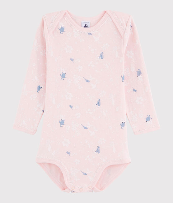Langärmeliger Baby-Body Mädchen rosa MINOIS/weiss MULTICO
