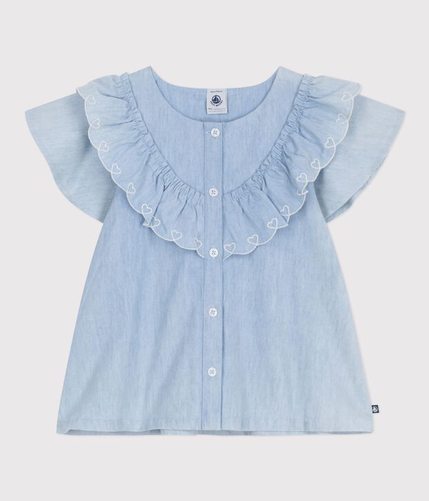 Kurz&auml;rmelige Kinder-Bluse aus einfarbiger Baumwolle blau