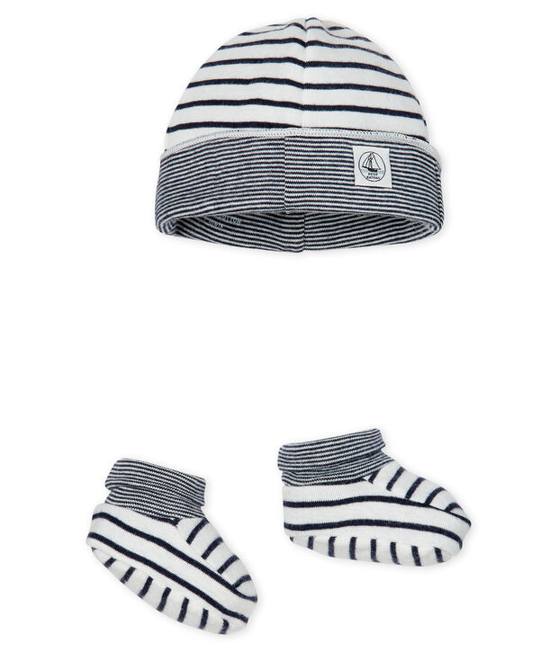 Set mit M&uuml;tzchen und Babyschuhen aus Rippstrick f&uuml;r Jungen vielfarbig