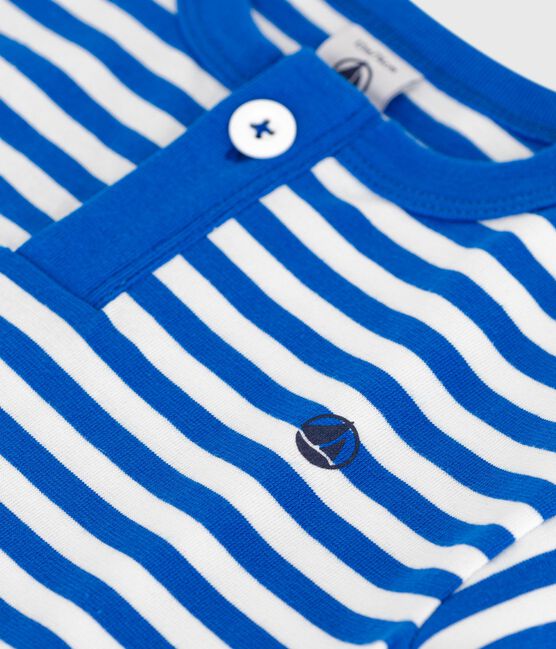 Kurzärmeliges Baby-T-Shirt aus Baumwolle mit Streifen blau PORCELANA/ MARSHMALLOW