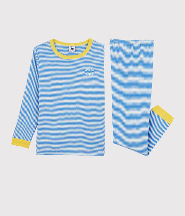 Kinderpyjama aus Bio-Baumwolle mit Ringelstreifen blau/weiss