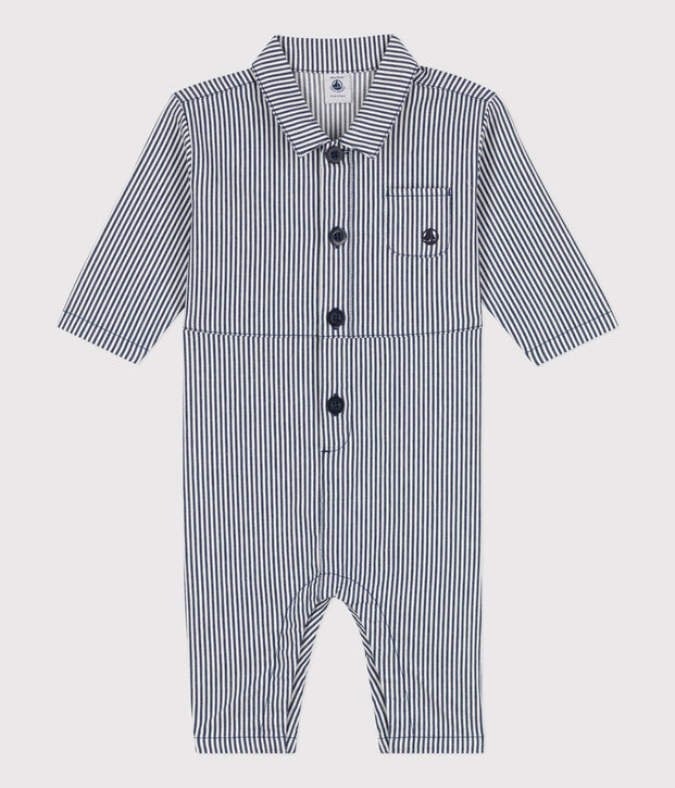 Langer Baby-Overall aus gestreiftem Canvas blau/weiss