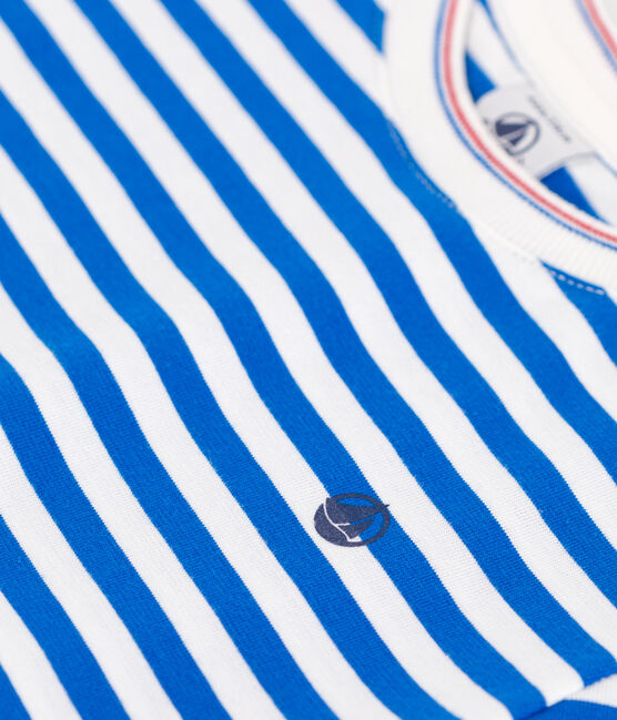 Kurzärmeliges Kinder-T-Shirt aus Baumwolle mit Streifen blau PORCELANA/ MARSHMALLOW