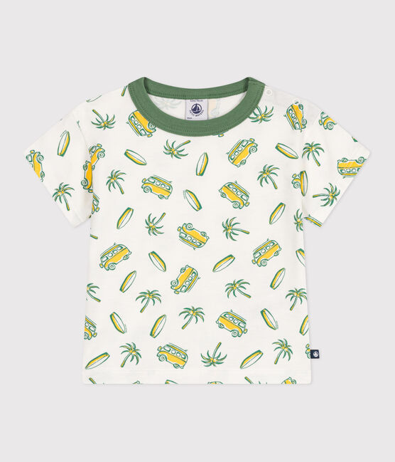 Kurzärmeliges Baby-T-Shirt aus Baumwolle mit Schiffchenmuster weiss MARSHMALLOW/ ORGE